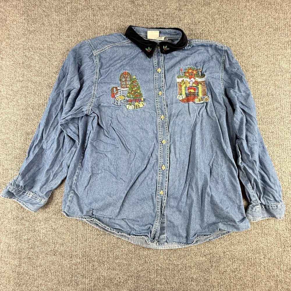 Bobbie Brooks Shirt Womens XL Blue Denim Christmas Embroidered Velvet Collar Top